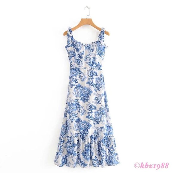 REFORMATION Nikita Olympia Blue & White Floral Toile Midi Dress Long Ruffle 4/S - Picture 4 of 16